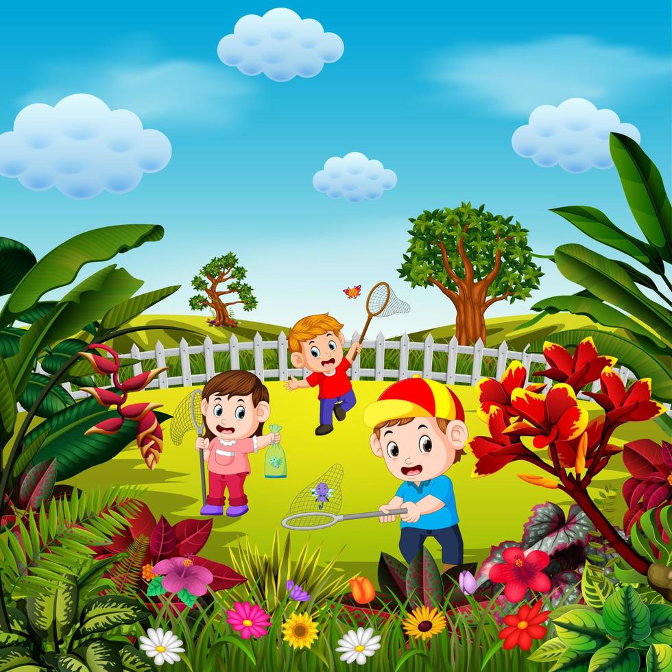 the cute children play to catch the butterfly in the yard vector