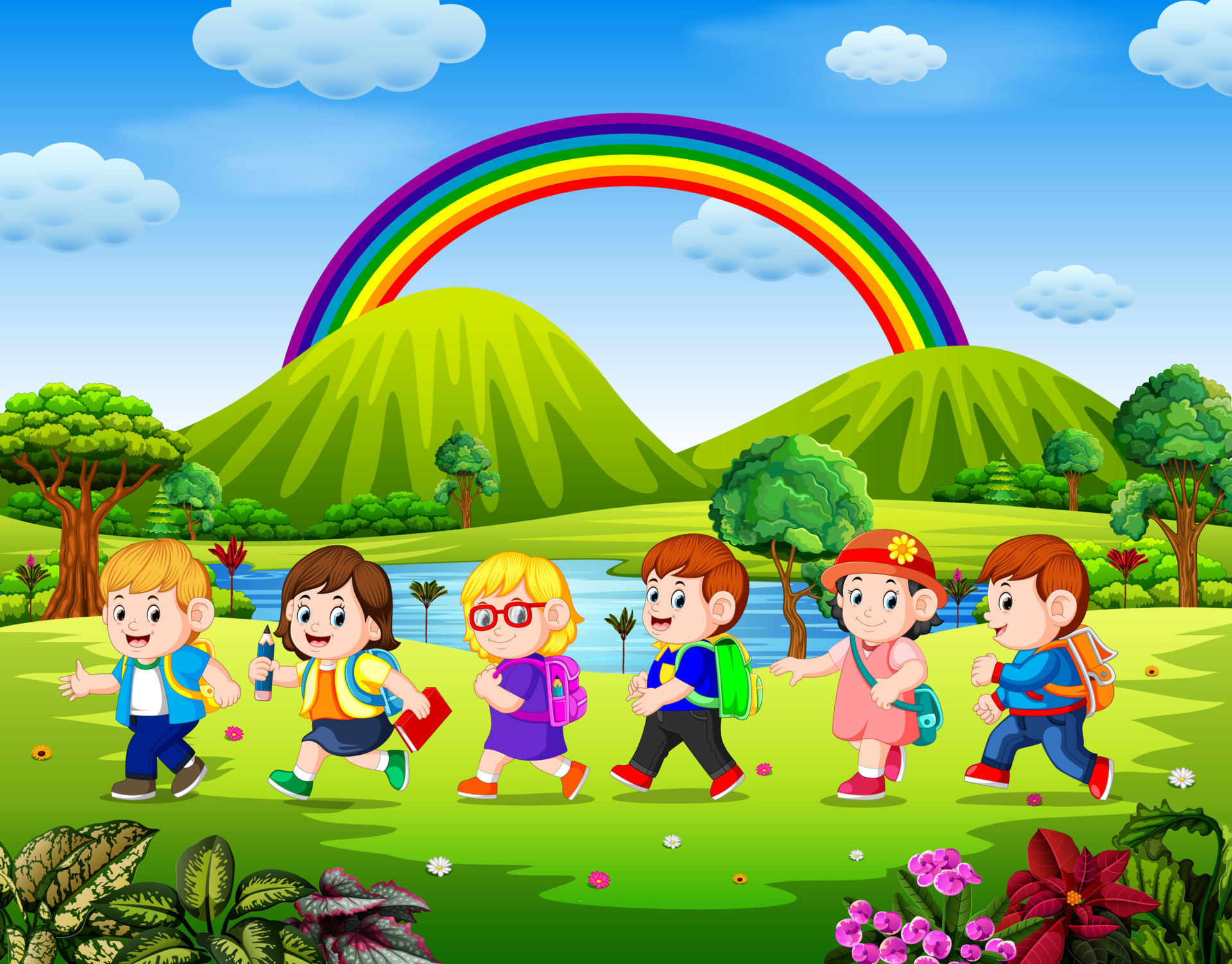 The Students Go To School In The Sunny Day 13330515 Vector Art At Vecteezy