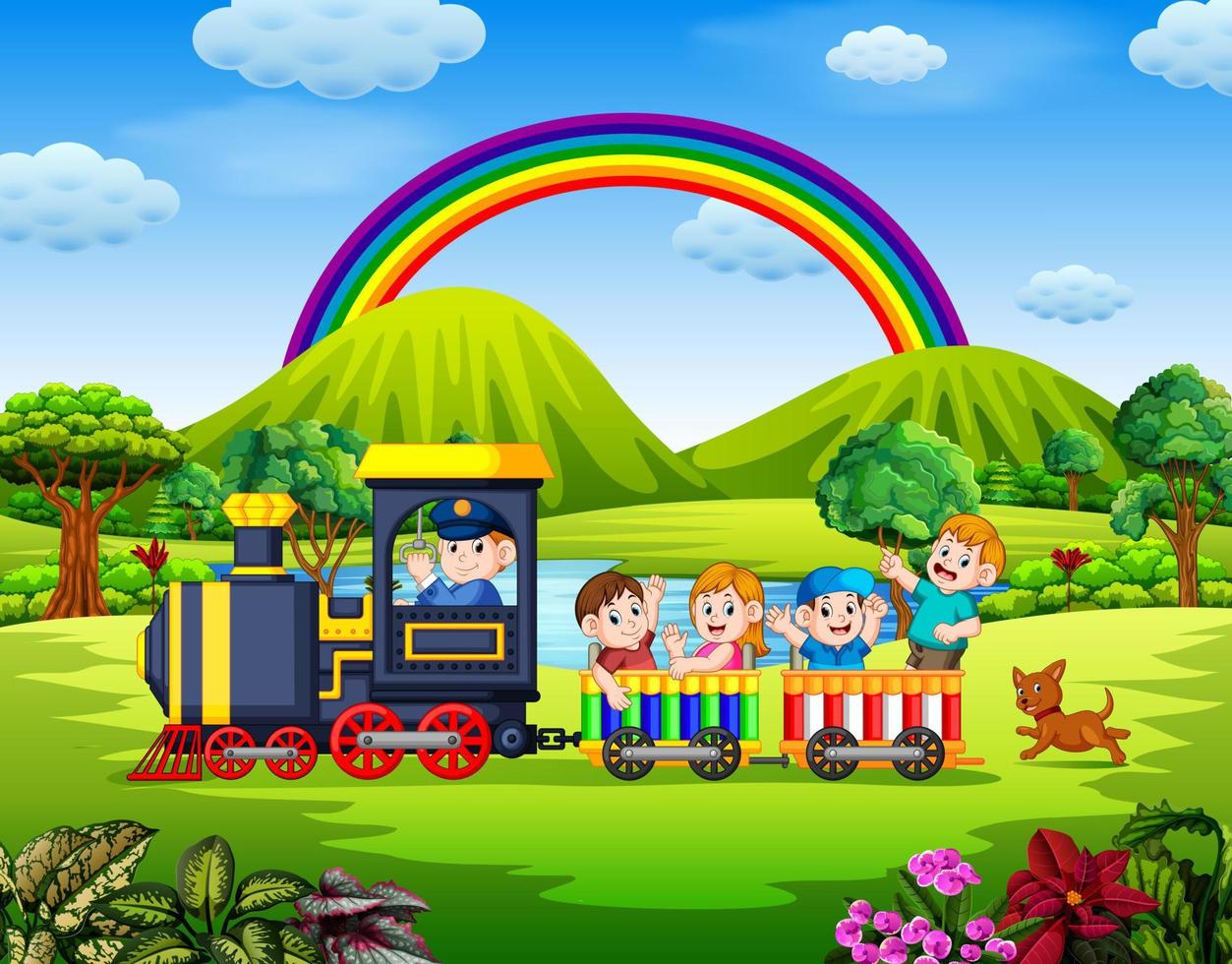 the beautiful view with the children inside the train waving under the rainbow vector