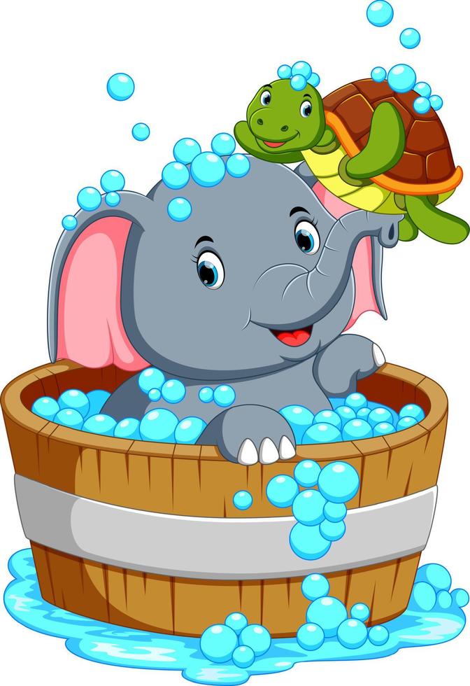 an elephant is bathing and playing with a turtle vector