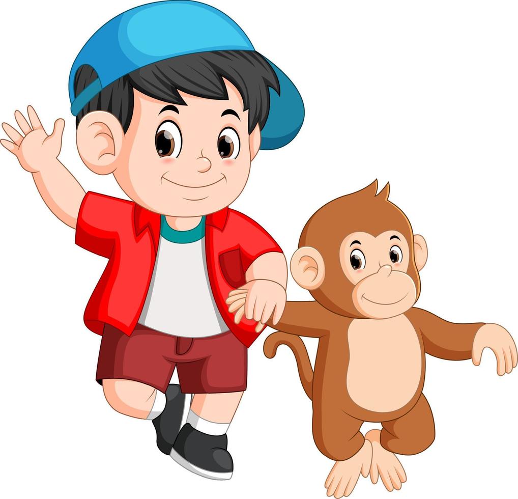 little boy is walking with a monkey vector