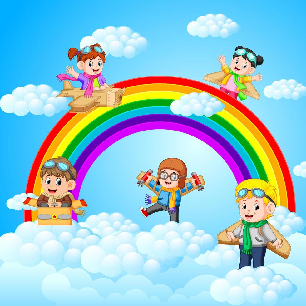 happy kids playing cardboard plane with sky scenery background vector