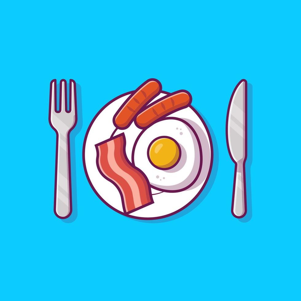 Breakfast Food On Plate with Egg and Sausage Cartoon Vector Icon Illustration. Breakfast Icon Concept Isolated Premium Vector. Flat Cartoon Style