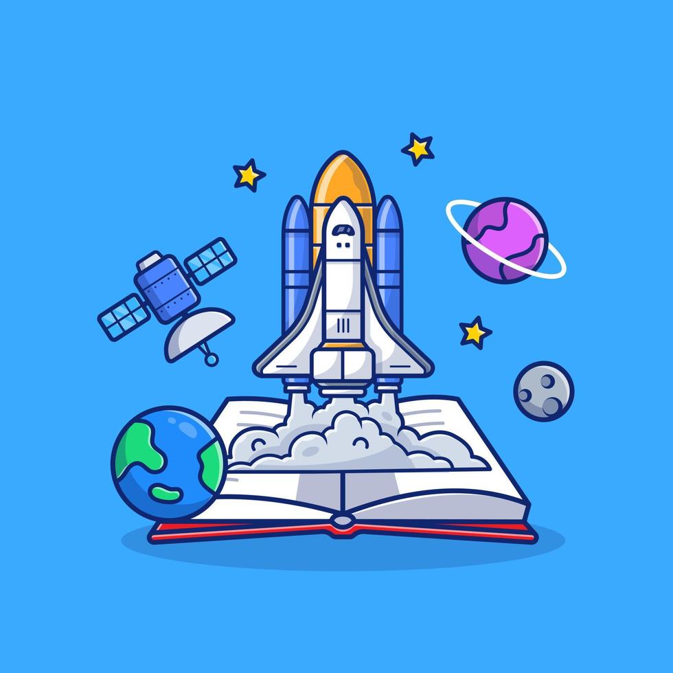 transbordador espacial con ilustración de icono de vector de dibujos animados de libro, satélite y planetas. concepto de icono de espacio de educación vector premium aislado. estilo de dibujos animados plana