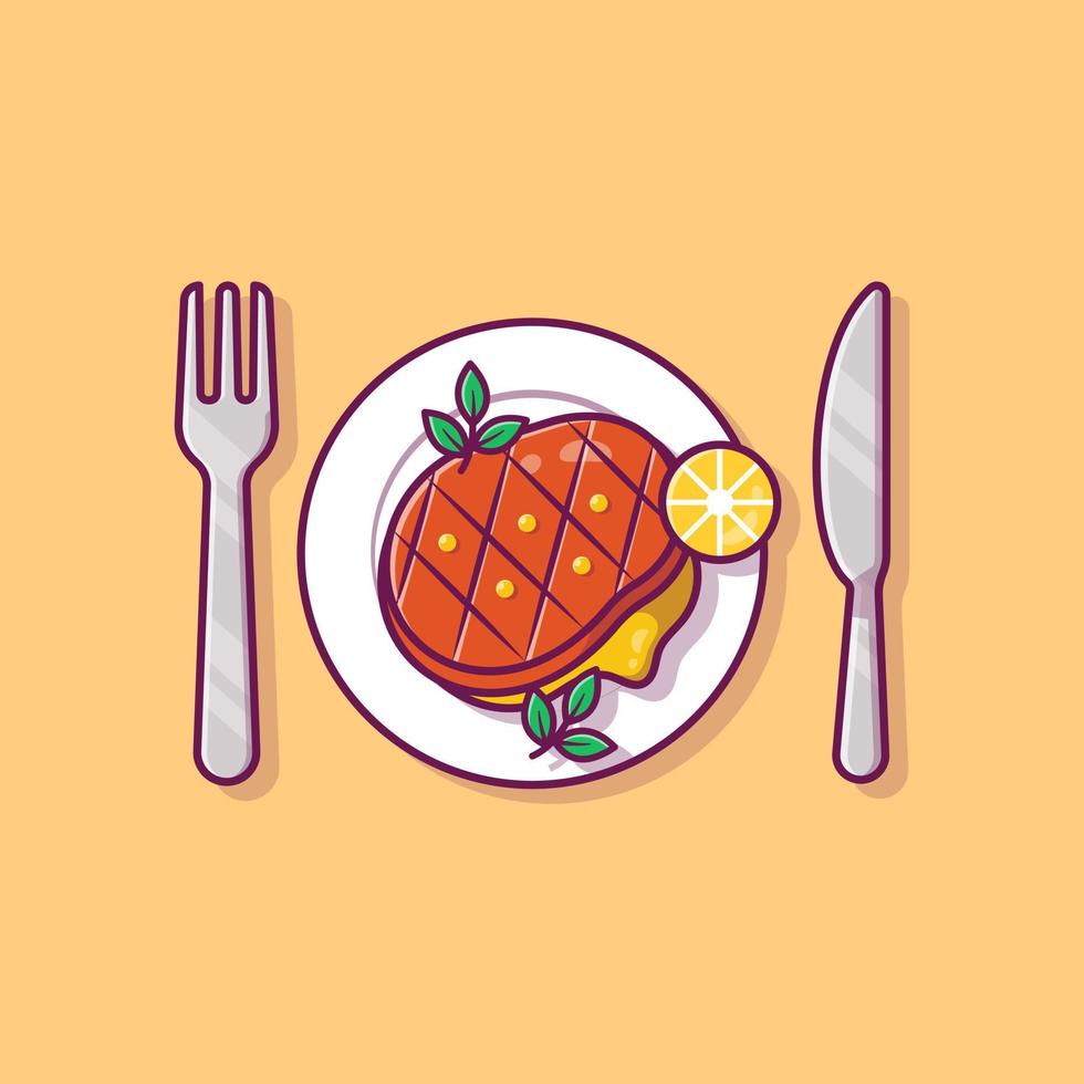 comida de bistec en plato con cuchillo y tenedor ilustración de icono de vector de dibujos animados. concepto de icono de comida rápida vector premium aislado. estilo de dibujos animados plana