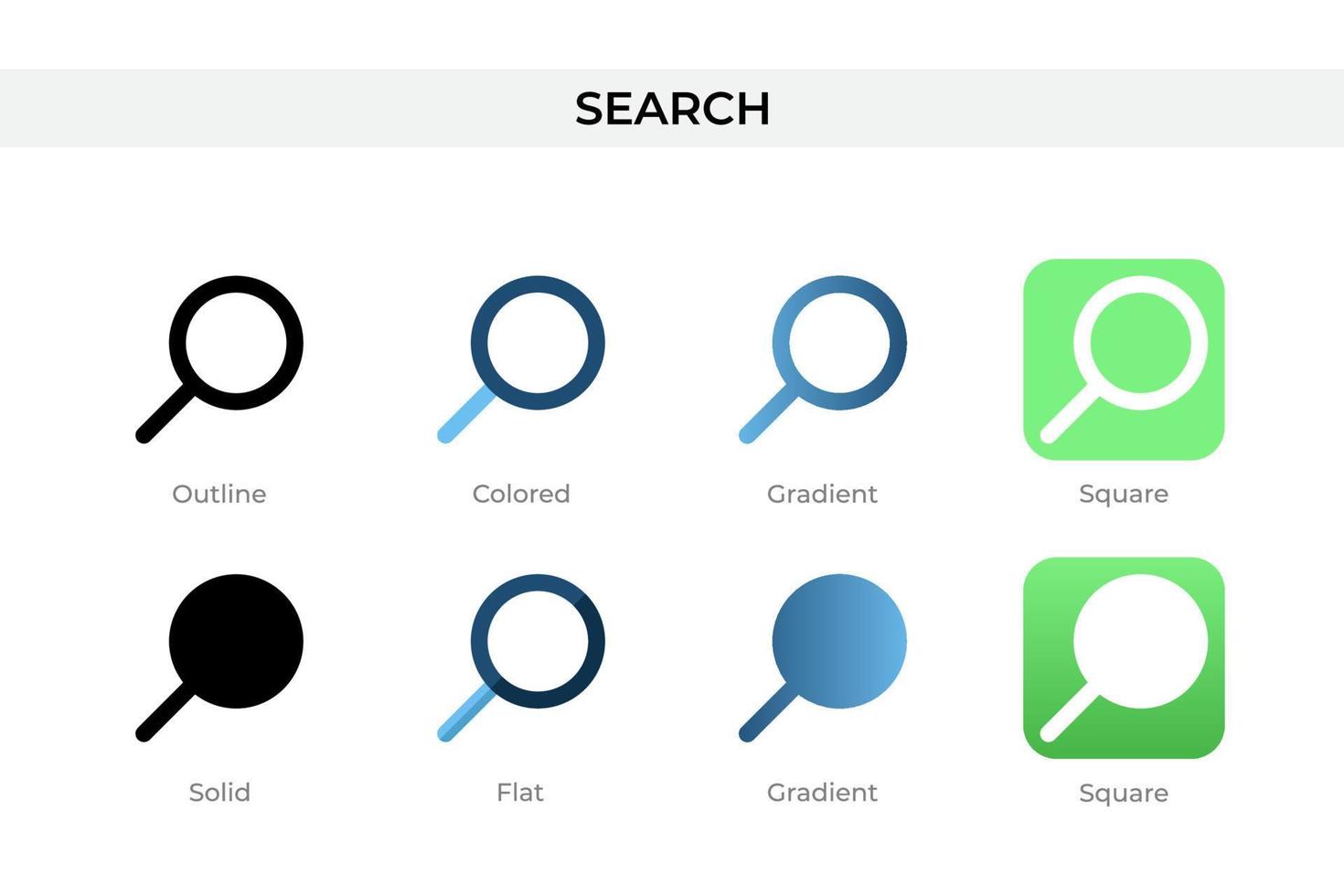 Search icon in different style. Search vector icons designed in outline, solid, colored, gradient, and flat style. Symbol, logo illustration. Vector illustration