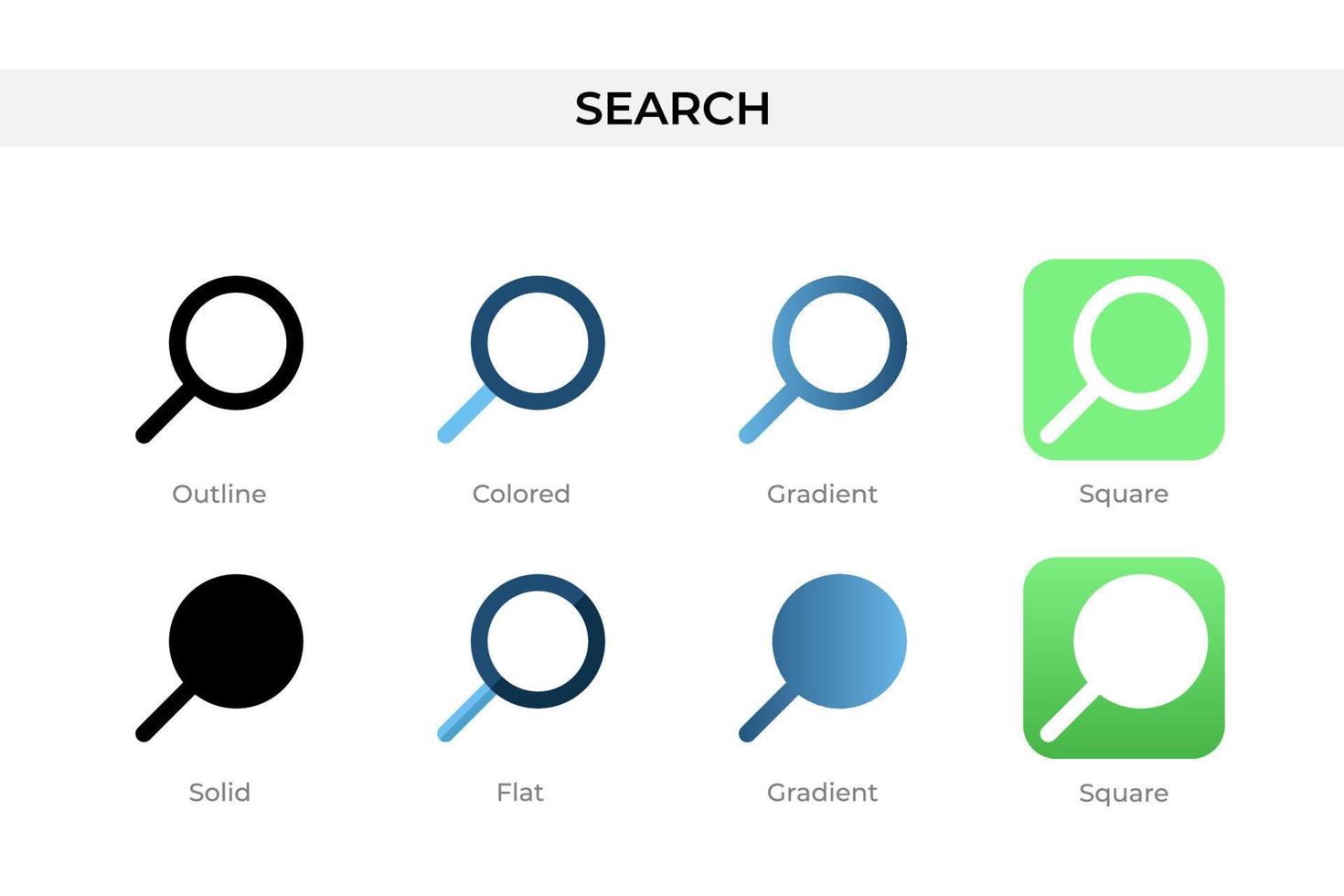 icono de búsqueda en un estilo diferente. buscar iconos vectoriales diseñados en contorno, sólido, coloreado, degradado y estilo plano. símbolo, ilustración de logotipo. ilustración vectorial vector