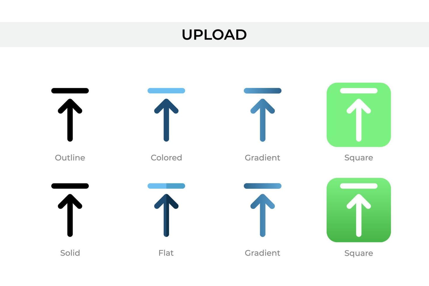 Upload icon in different style. Upload vector icons designed in outline, solid, colored, gradient, and flat style. Symbol, logo illustration. Vector illustration