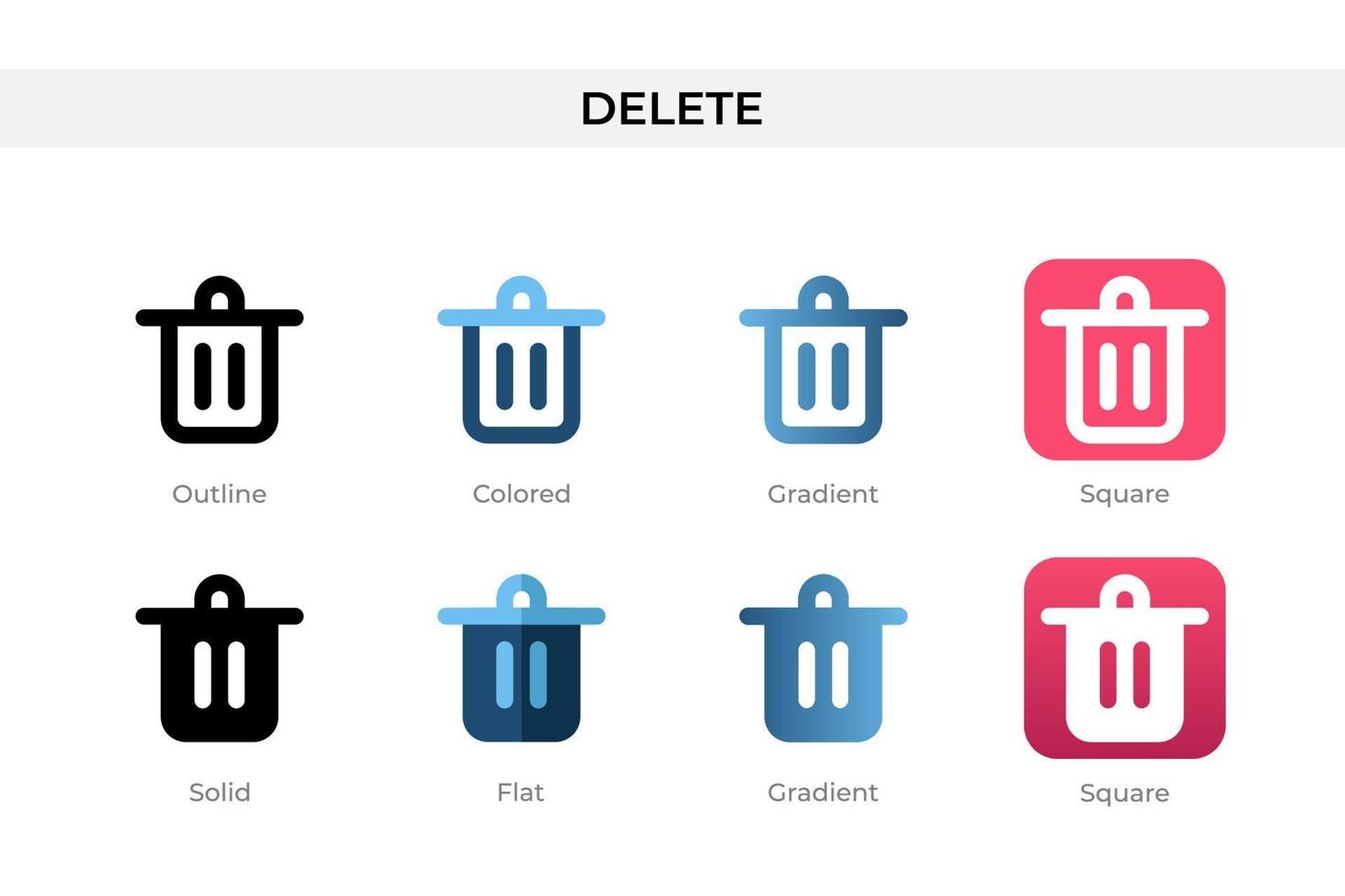 delete icon in different style. delete vector icons designed in outline, solid, colored, gradient, and flat style. Symbol, logo illustration. Vector illustration
