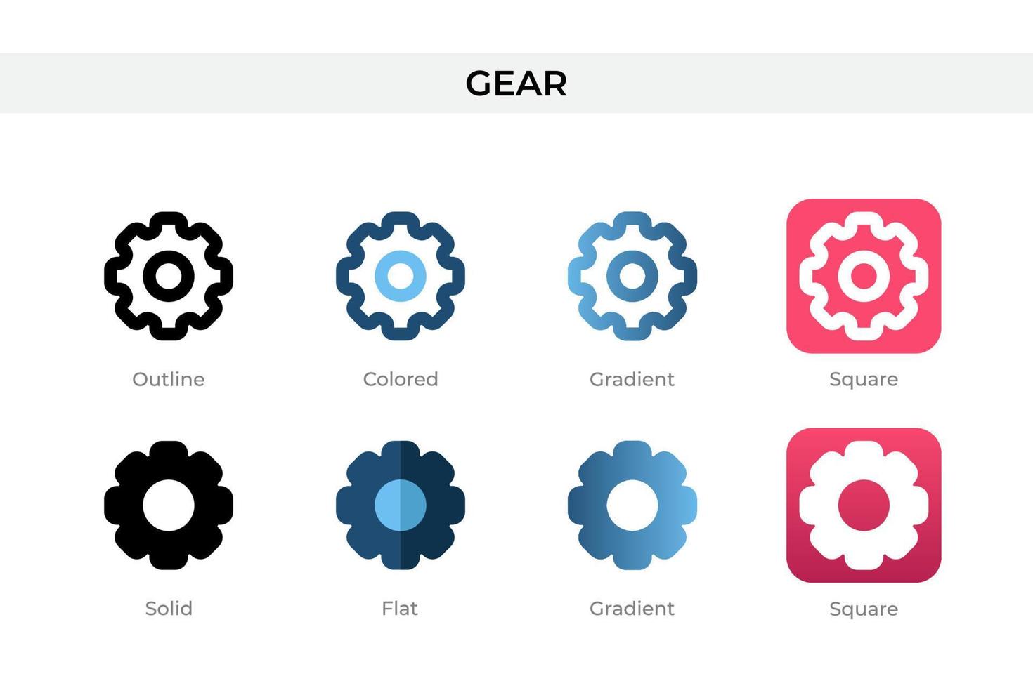 gear icon in different style. gear vector icons designed in outline, solid, colored, gradient, and flat style. Symbol, logo illustration. Vector illustration