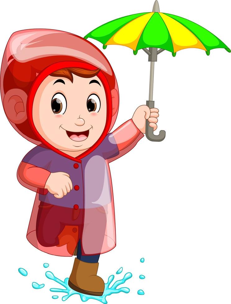 Little boy wearing raincoat and holding umbrella vector