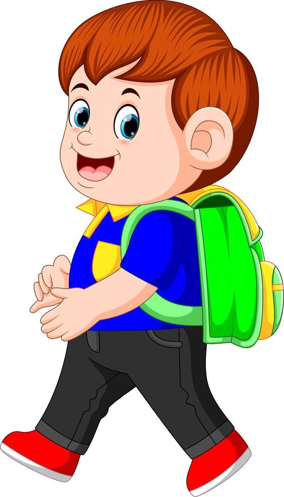 un colegial con mochilas caminando con una sonrisa vector