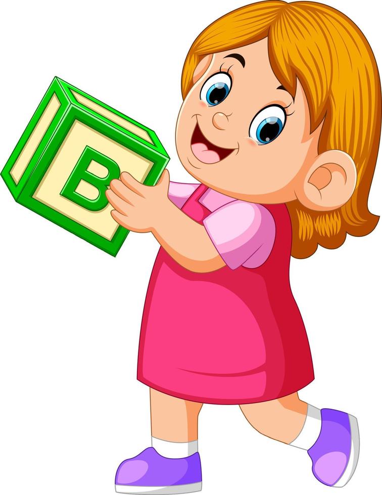 happy girl holding the alphabet cube vector