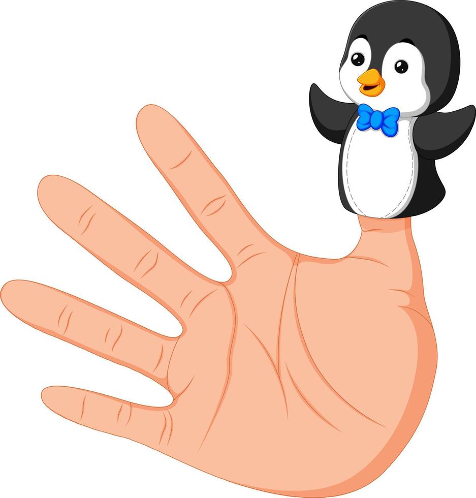 mano con un lindo títere de pingüino en el pulgar vector