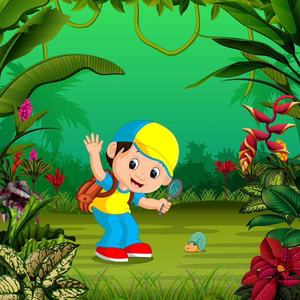 the cheerful boy is looking for a small snail vector