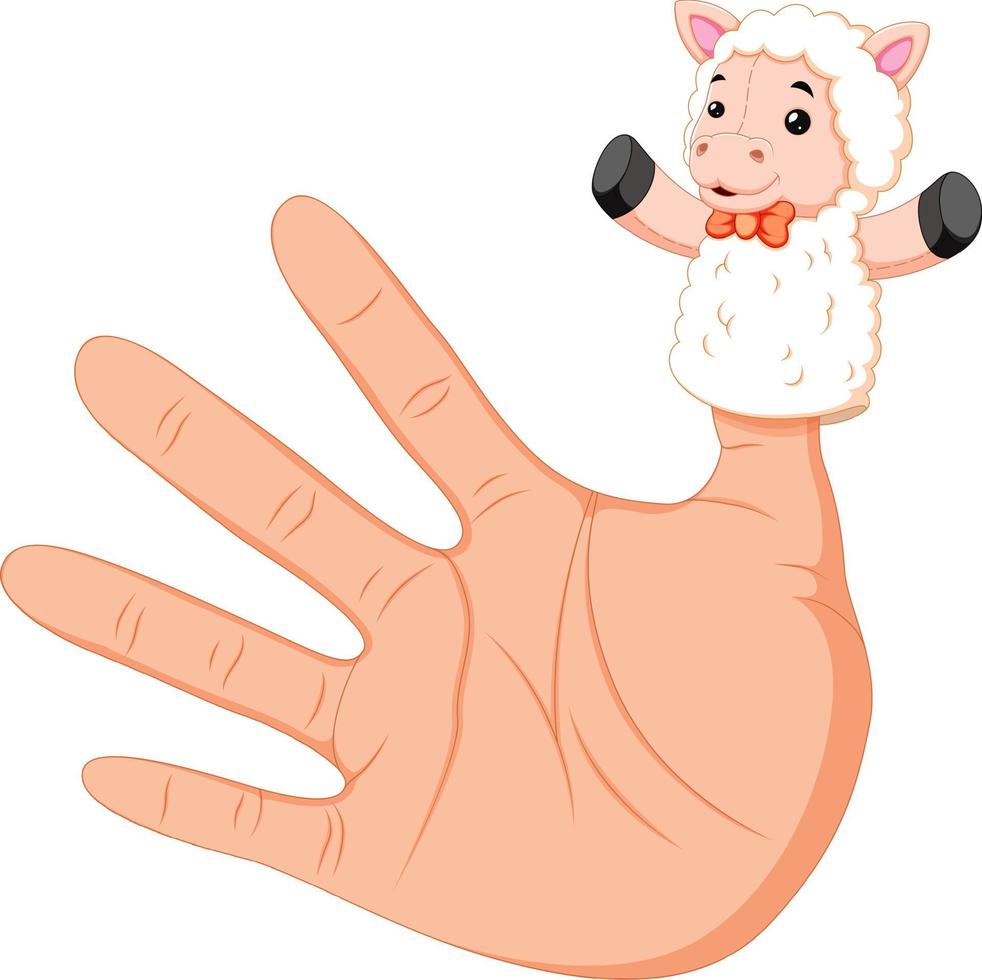 hand wearing a white sheep finger puppet on thumb vector