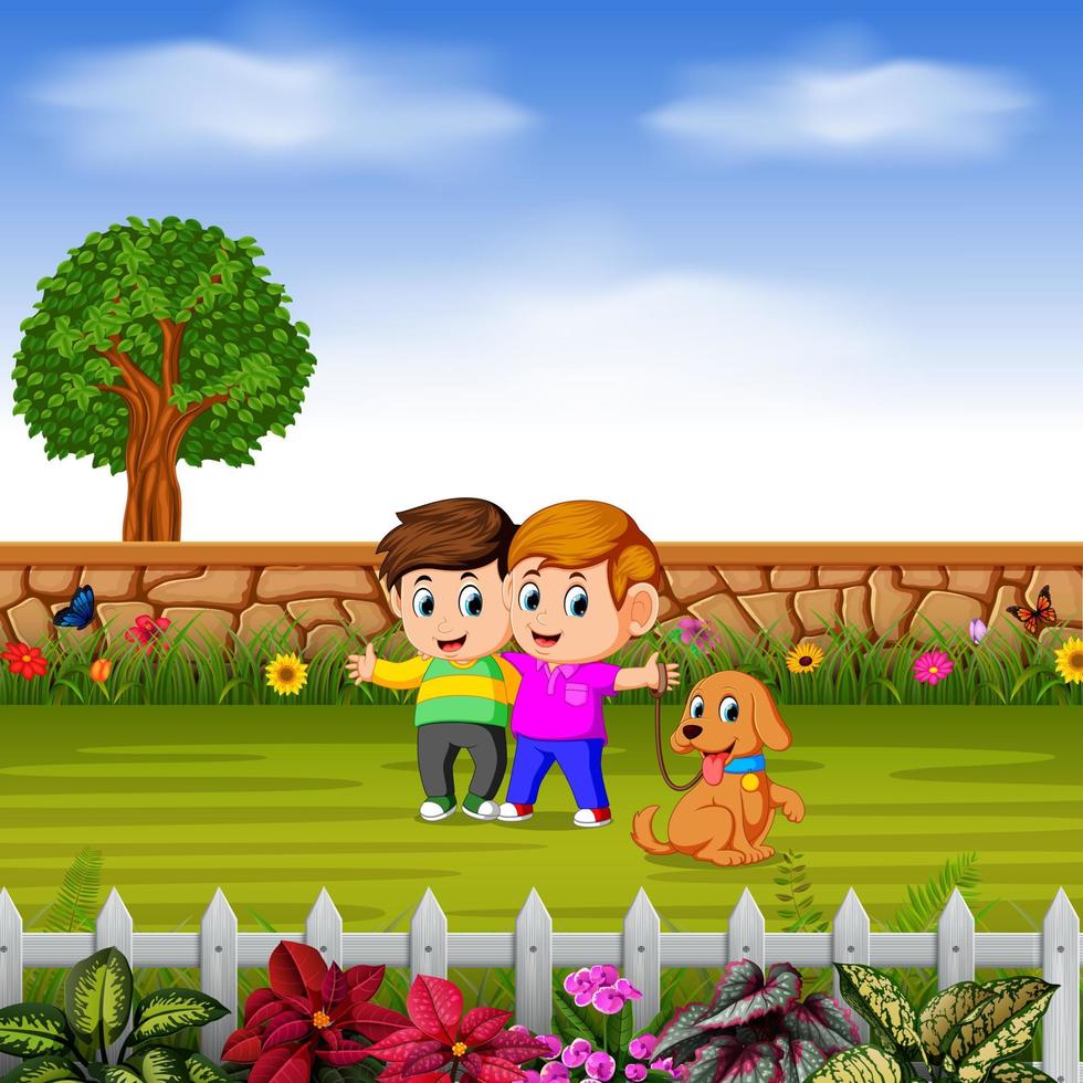 the boys walk with their dog in garden vector