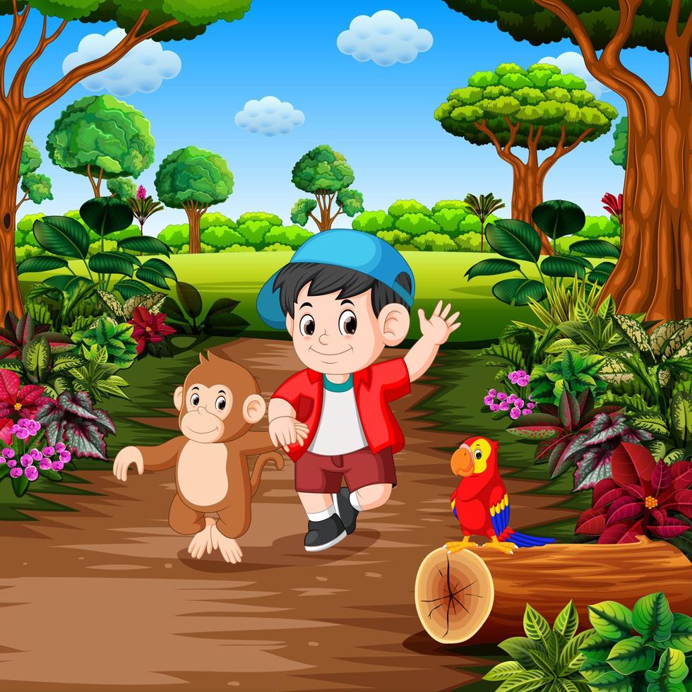 a boy with monkey in the rainforest vector