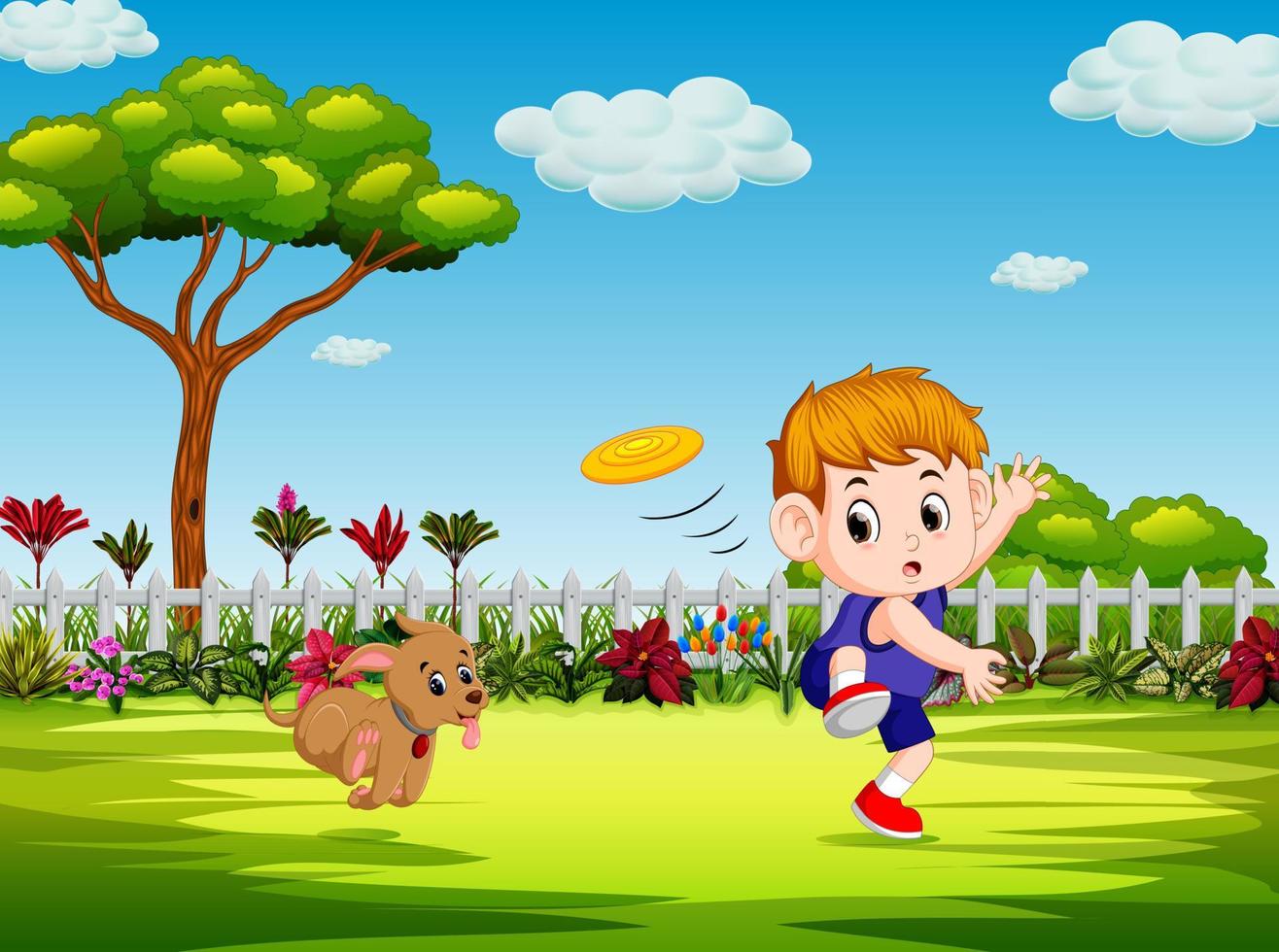 the boy are playing frisbee with his dog in the yard vector
