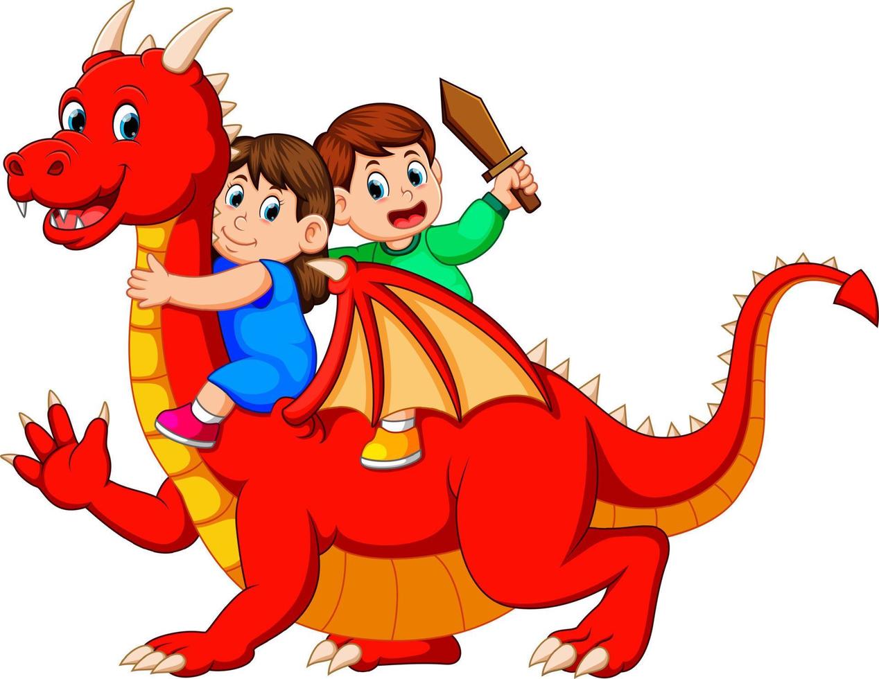 the boy and the girl playing with the big red dragon and the boy holding the sword vector
