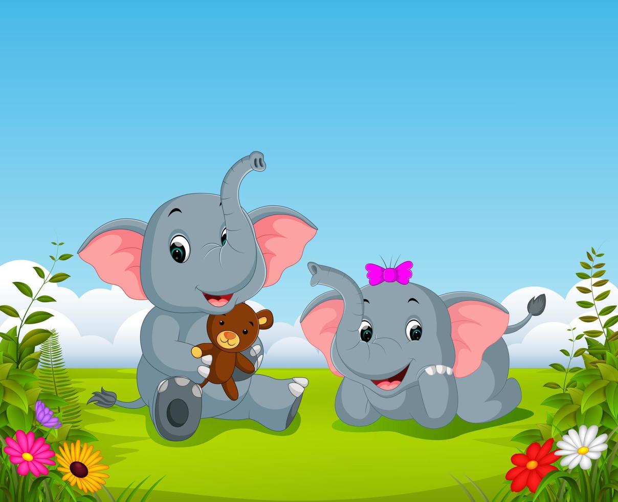 the natural view with the two elephant playing the doll in the yard vector