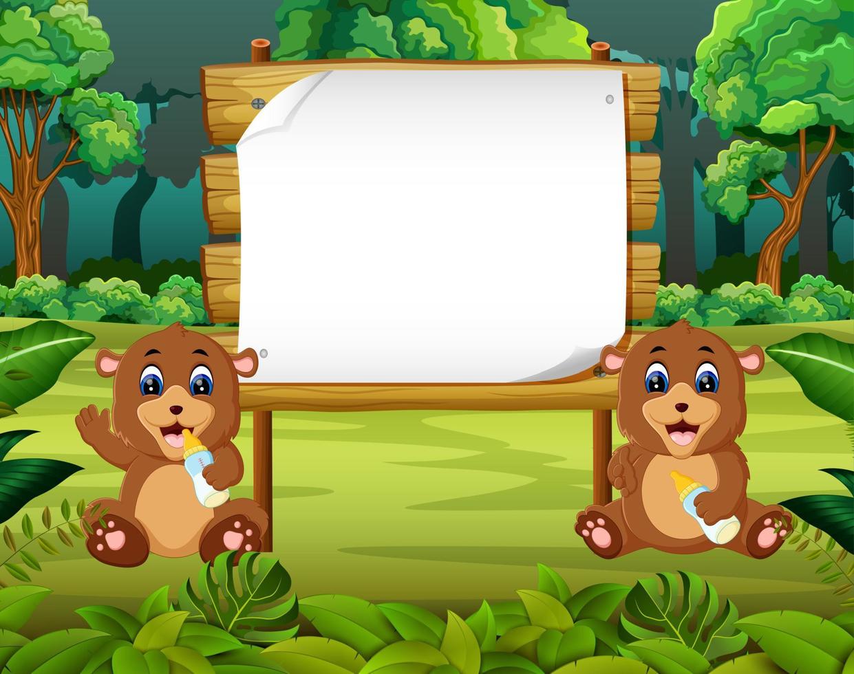 the nature view with the wooden board blank space and two little baby bear vector