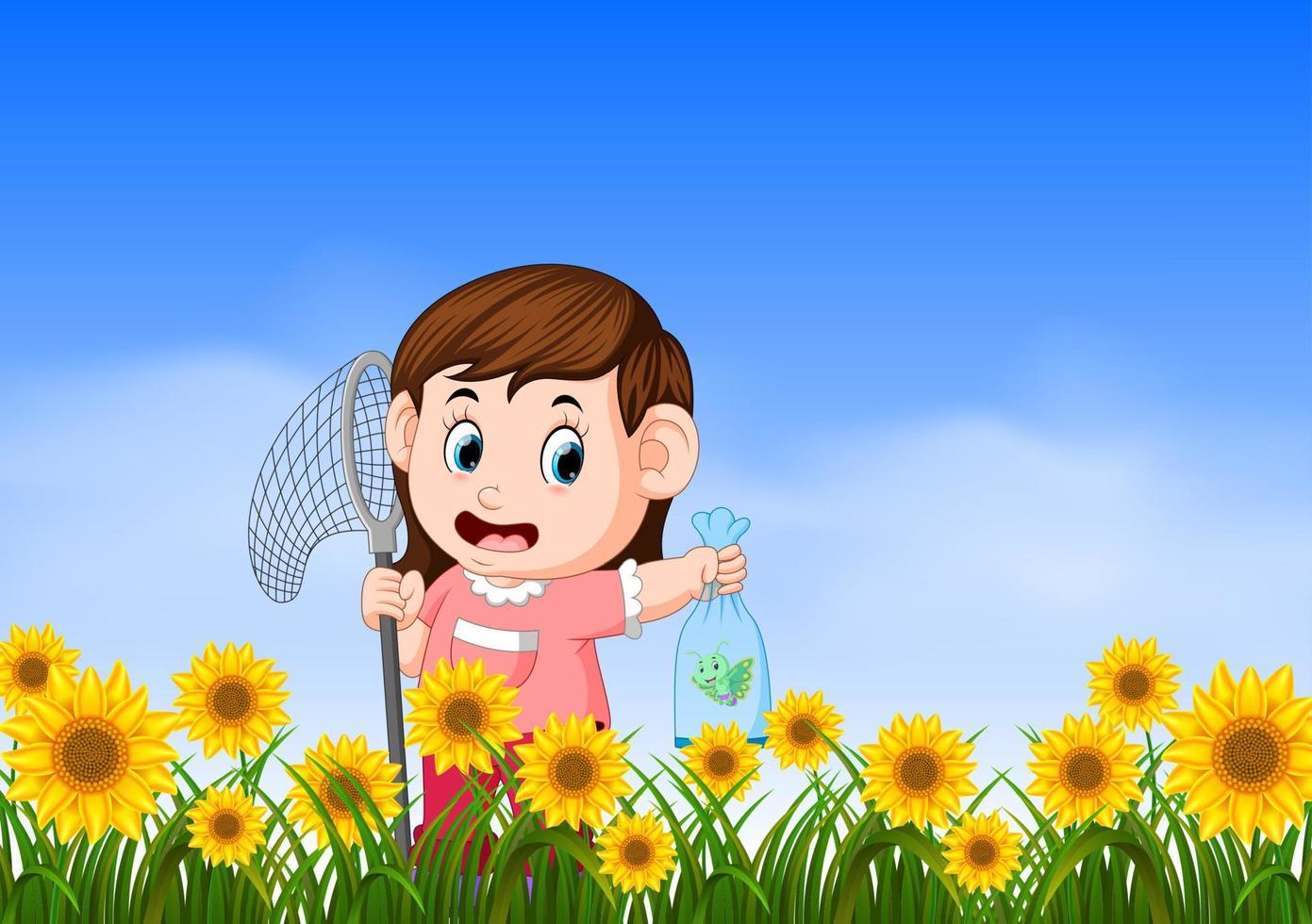 young girl catching butterfly in the jungle vector