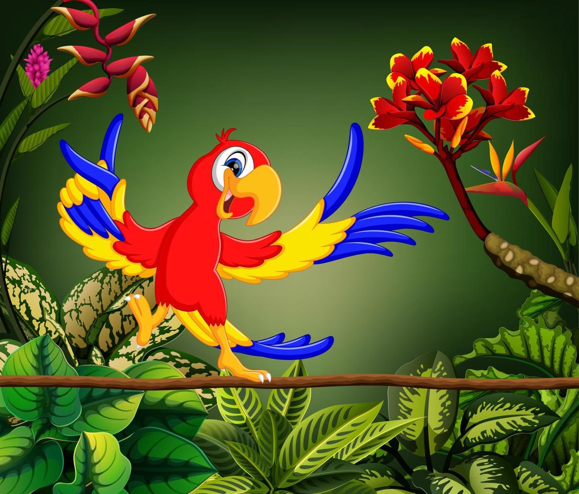 the cute parrot sings the song in the forest vector