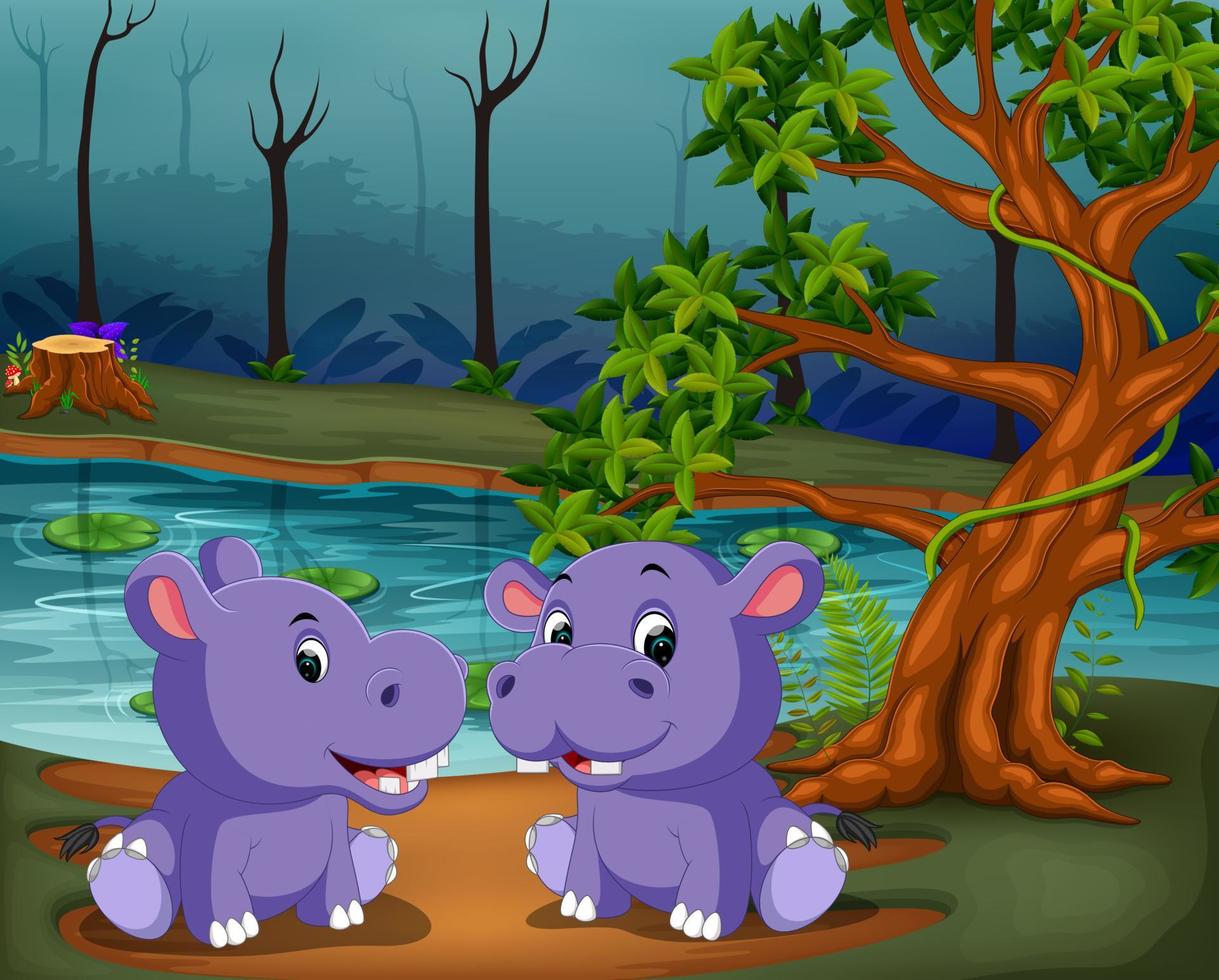 the river view with two big purple hippopotamus playing together vector