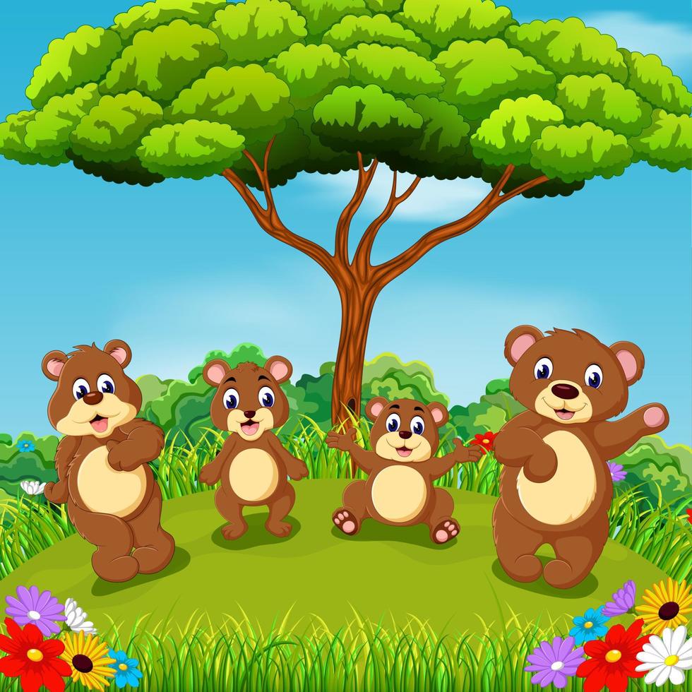 the beautiful view with the group of brown bear playing together vector