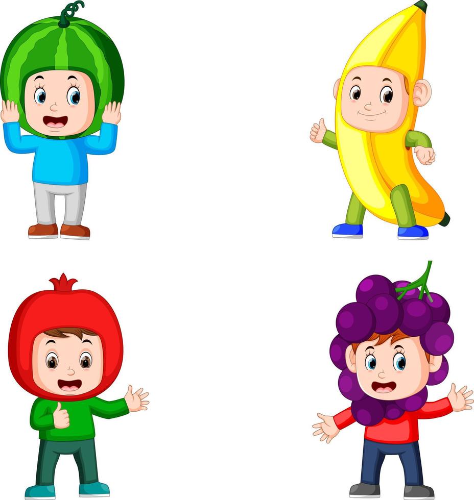 los chicos de la colección posan usando el disfraz de frutas con diferente color vector