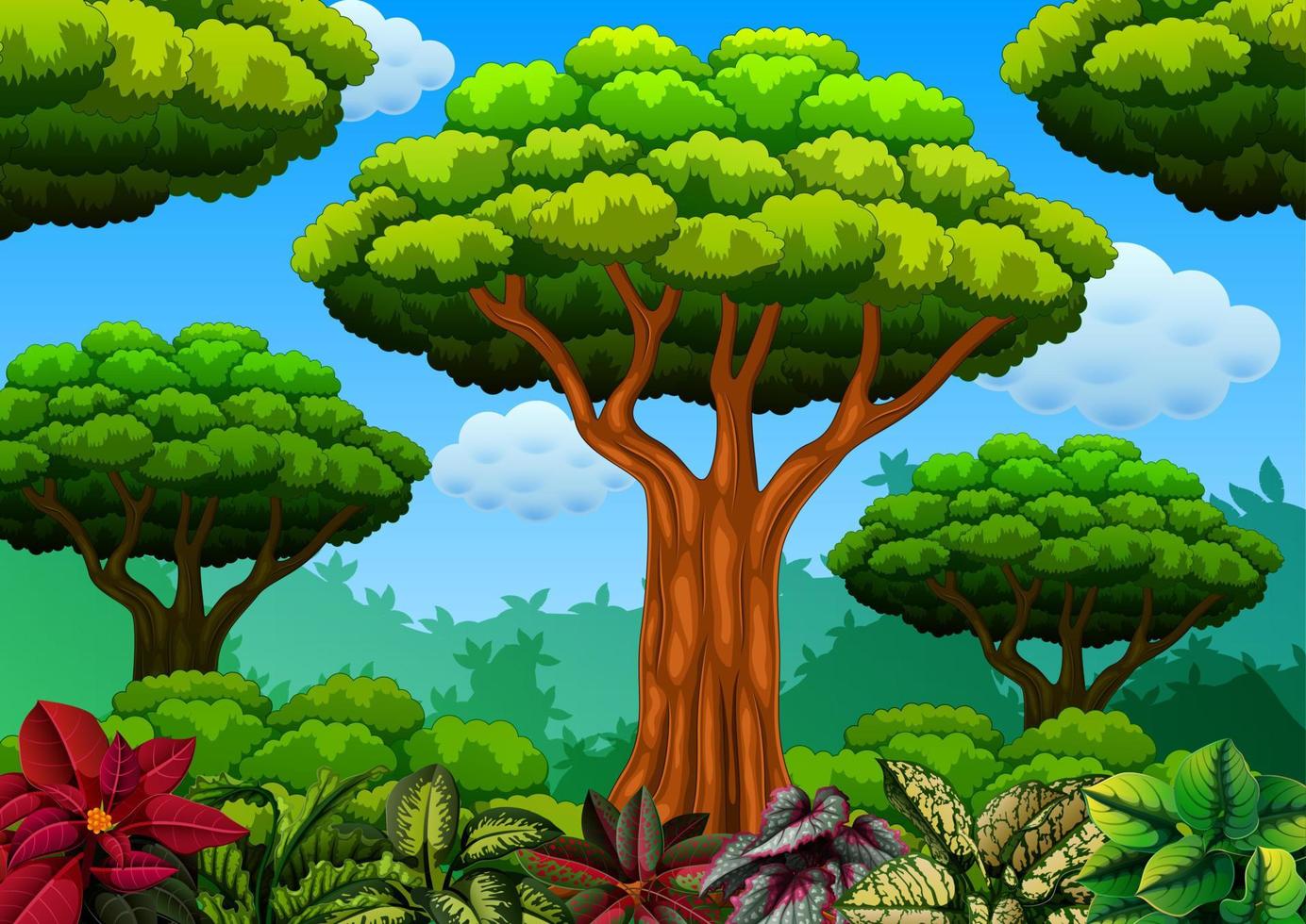 the large tree inside the forest with some flower vector