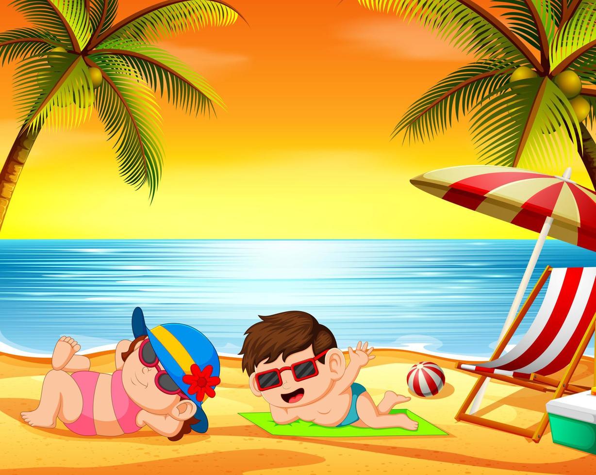 the children relax in the beach with the beautiful sunset background vector