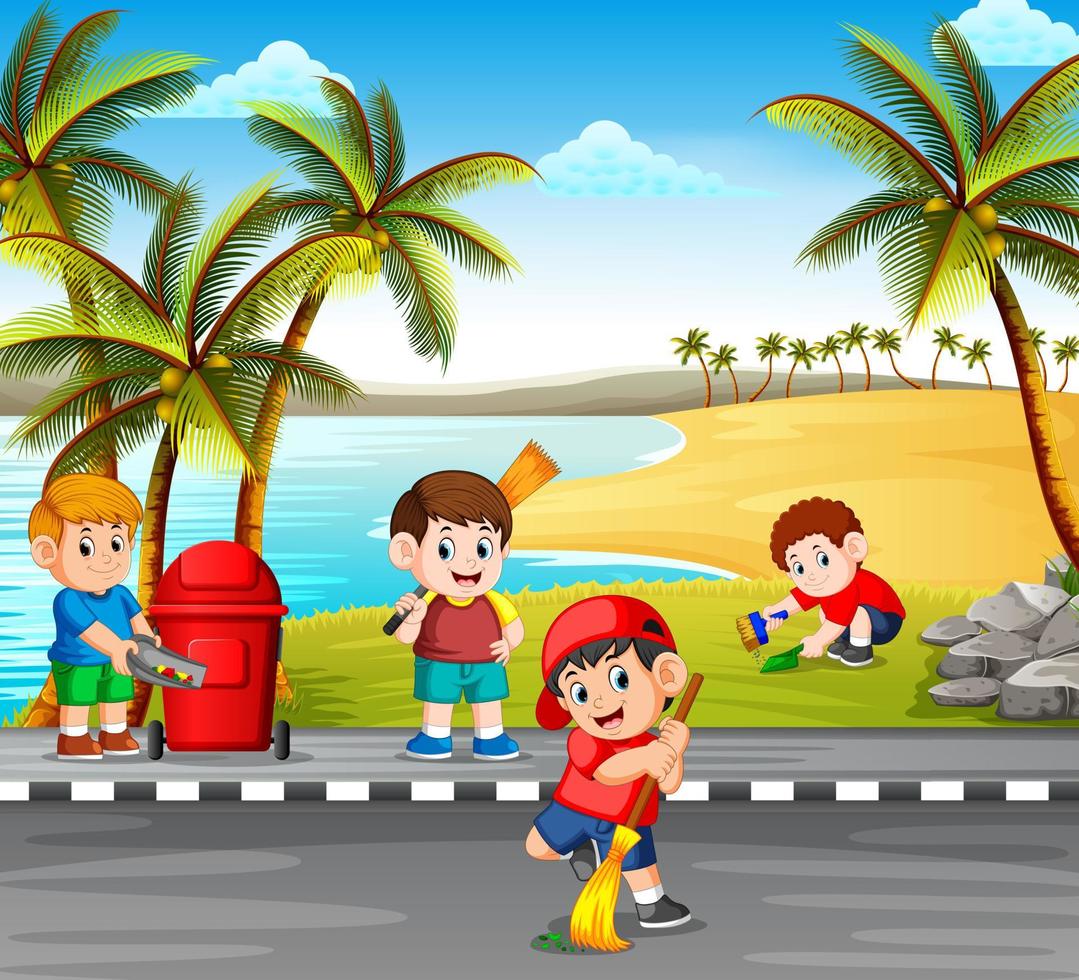 the children cleaning the road near the beach from the danger things to make it clean vector