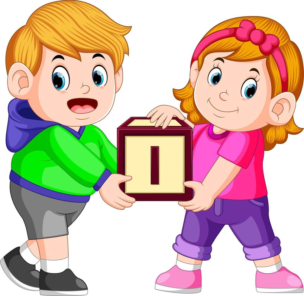 two kids carrying alphabet block vector