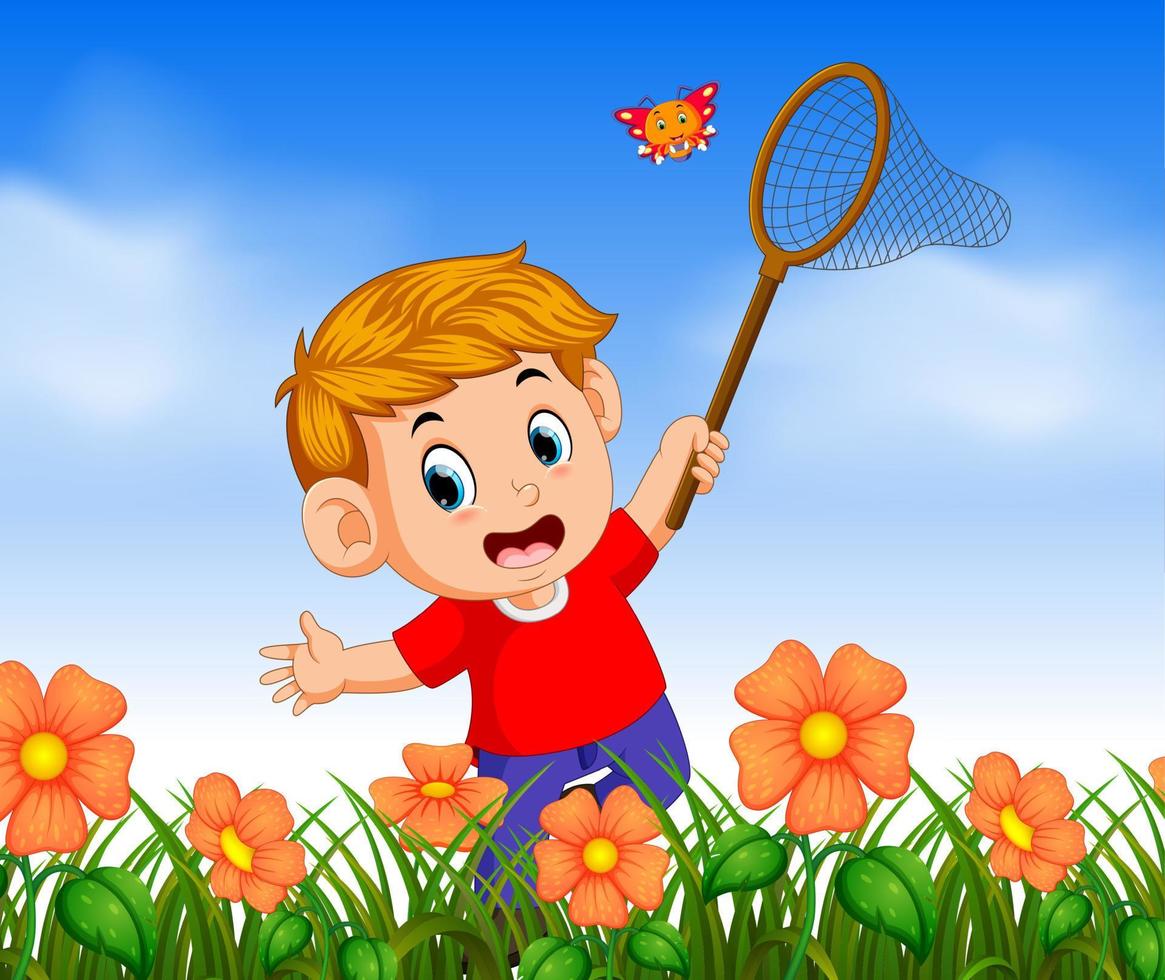 boy wearing red shirt catching butterfly in the jungle vector