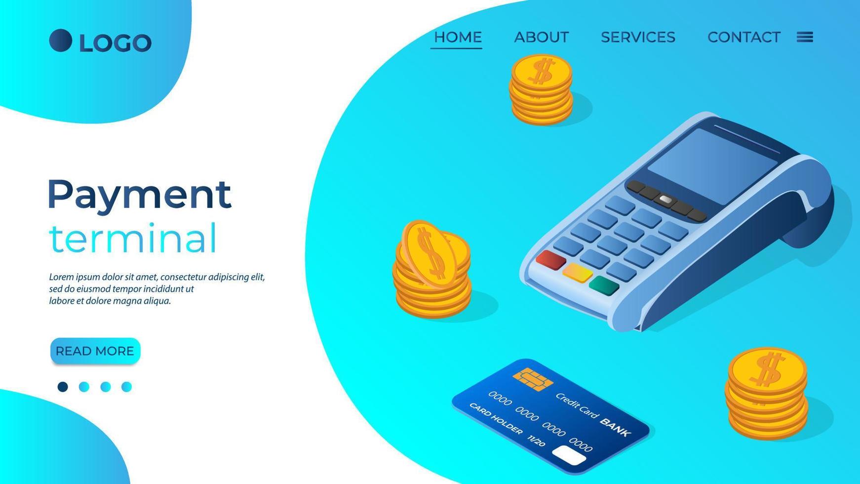 terminal de pago tarjeta de crédito y monedas.imagen isométrica de terminales de pago en diferentes ángulos y tarjetas de crédito.el concepto de pagos en línea y transferencias de dinero.ilustración vectorial. vector