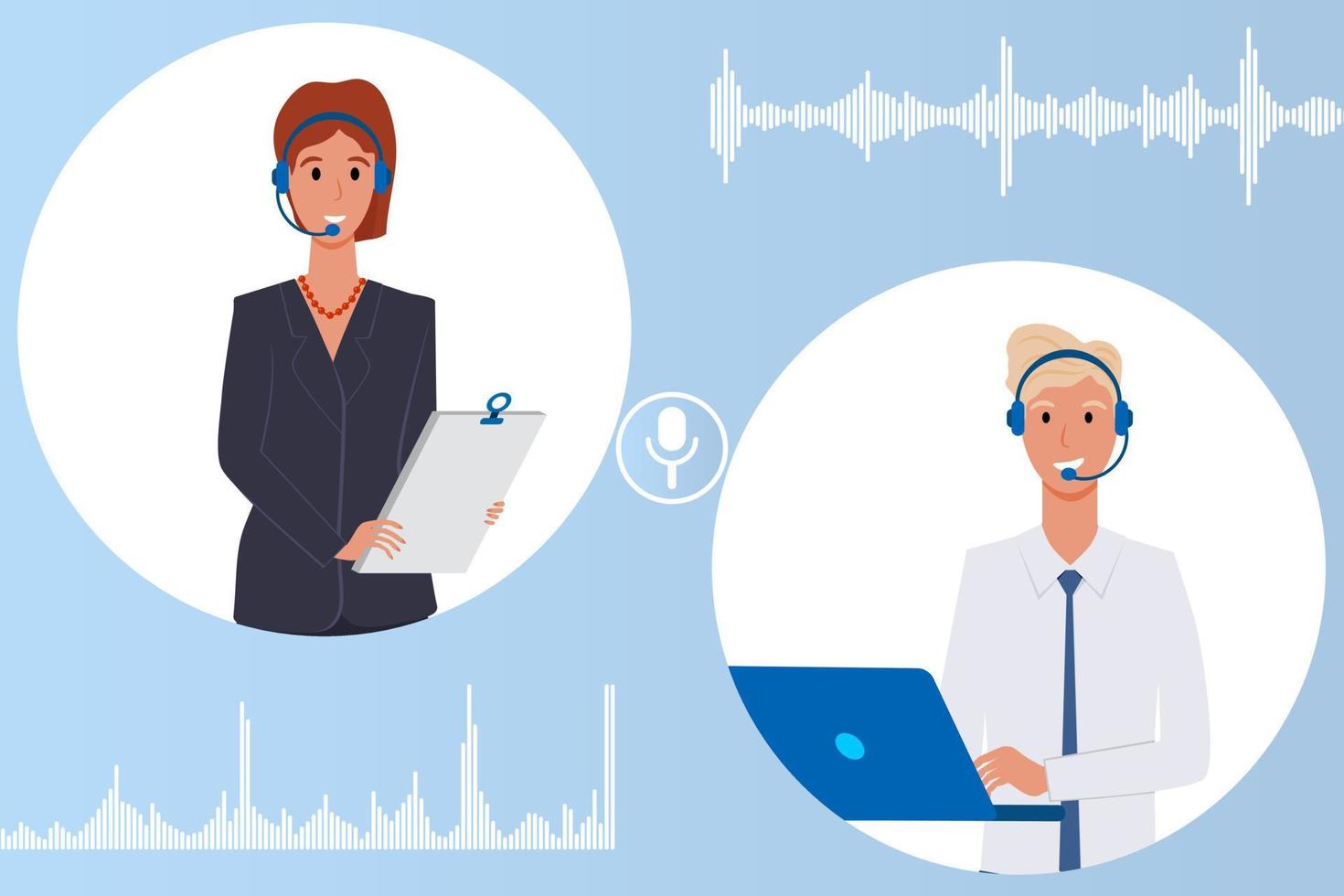 Work in a call center.A man and a woman are engaged in customer service at a call center.Communication, support and help people.Flat vector illustration.