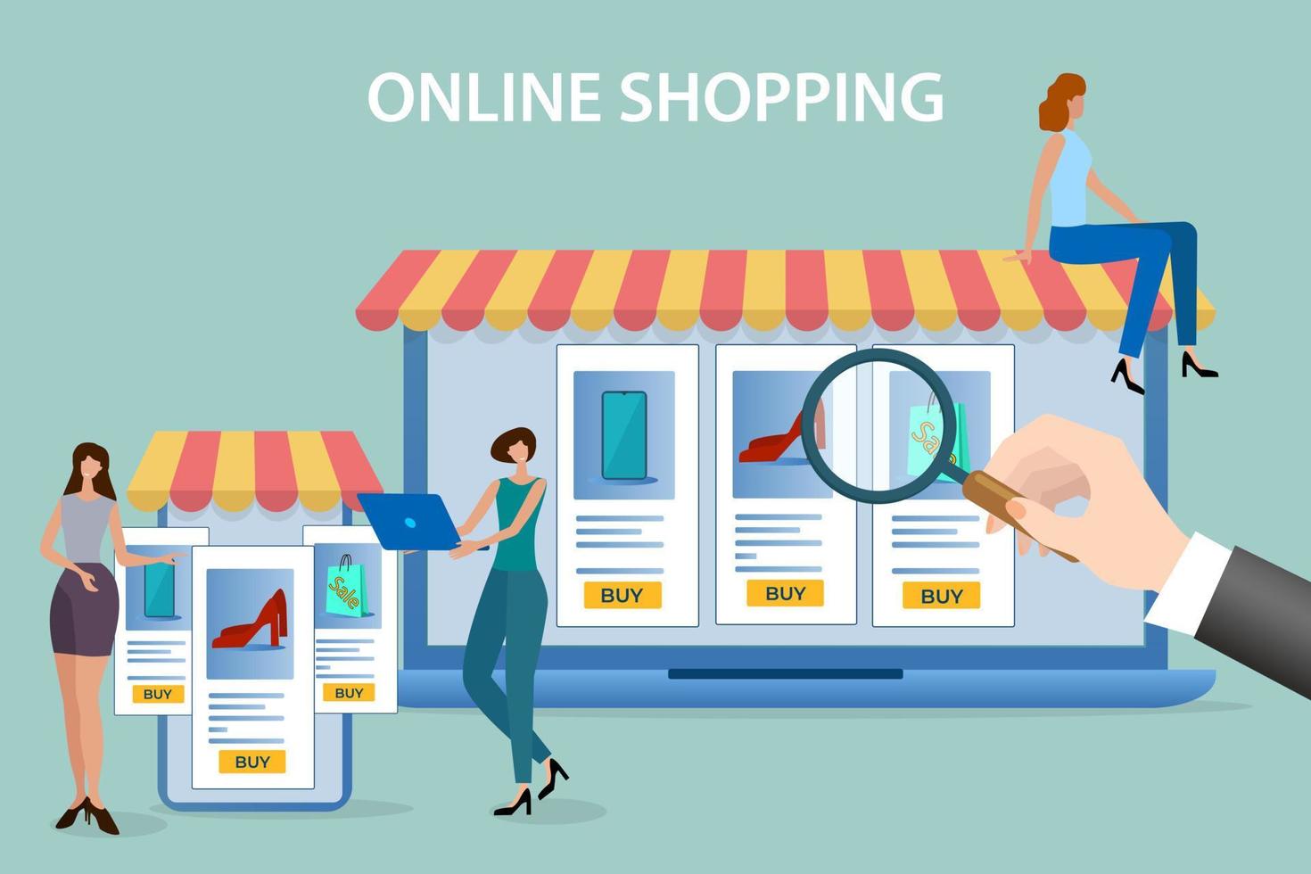 Online stores and sales.A human hand using a laptop for shopping in an online store and people making purchases.The concept of adaptability of the device.Flat vector illustration.