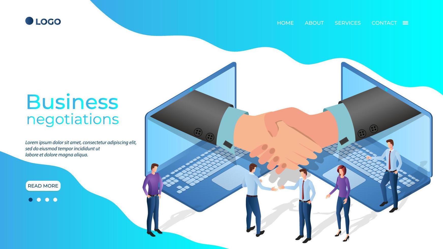 Business negotiation.People in the background of a laptop with a handshake conclude an agreement.Online negotiations.Business and financial negotiations and contracts.The template of the landing page. vector