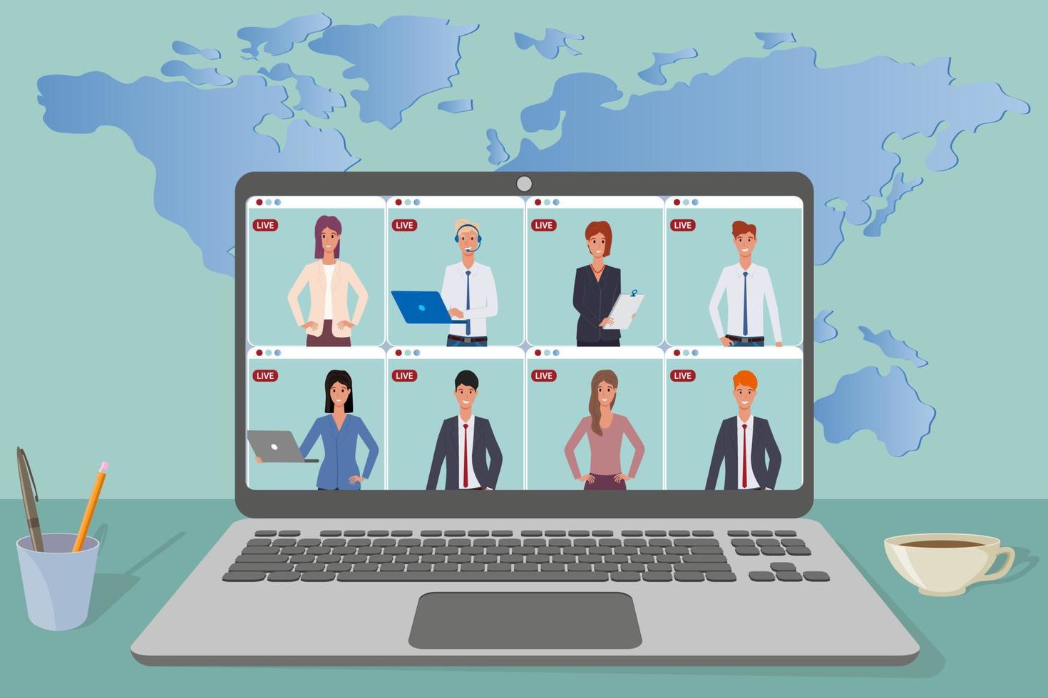 Online video conference.People communicate with each other,remote work,freelancing, online education using a laptop.Concept of development of modern technologies.Flat vector illustration.