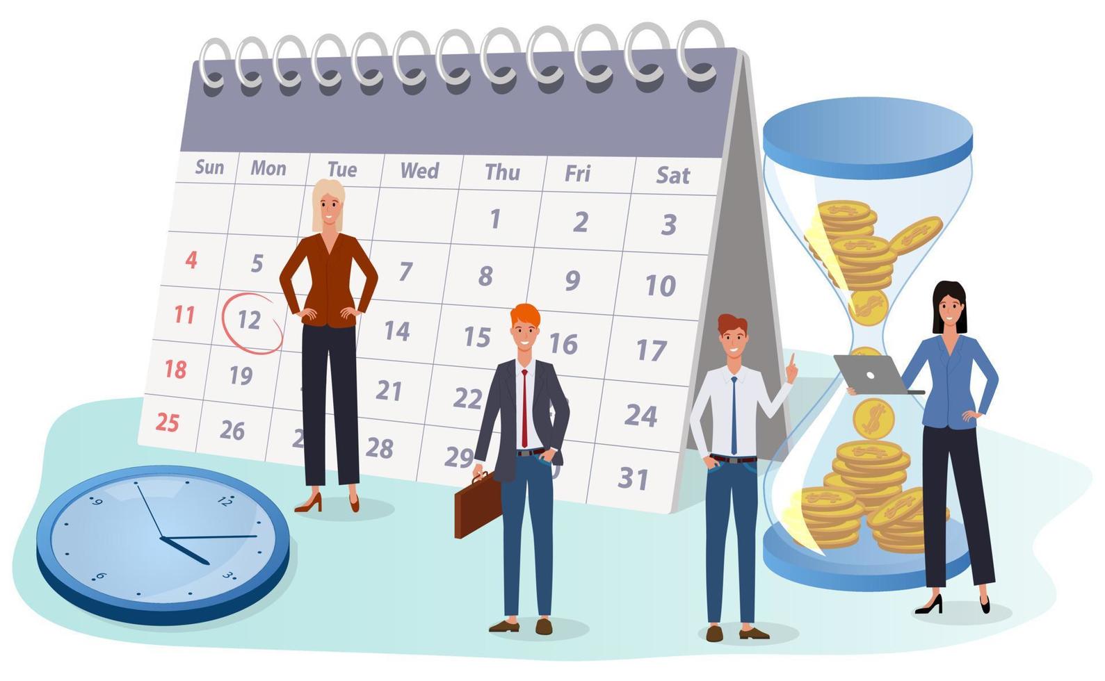 gerente de planificación.la gente está discutiendo el momento de la finalización del proyecto.asesoramiento financiero.programar tareas usando el calendario.ilustración vectorial plana aislada en un fondo blanco. vector