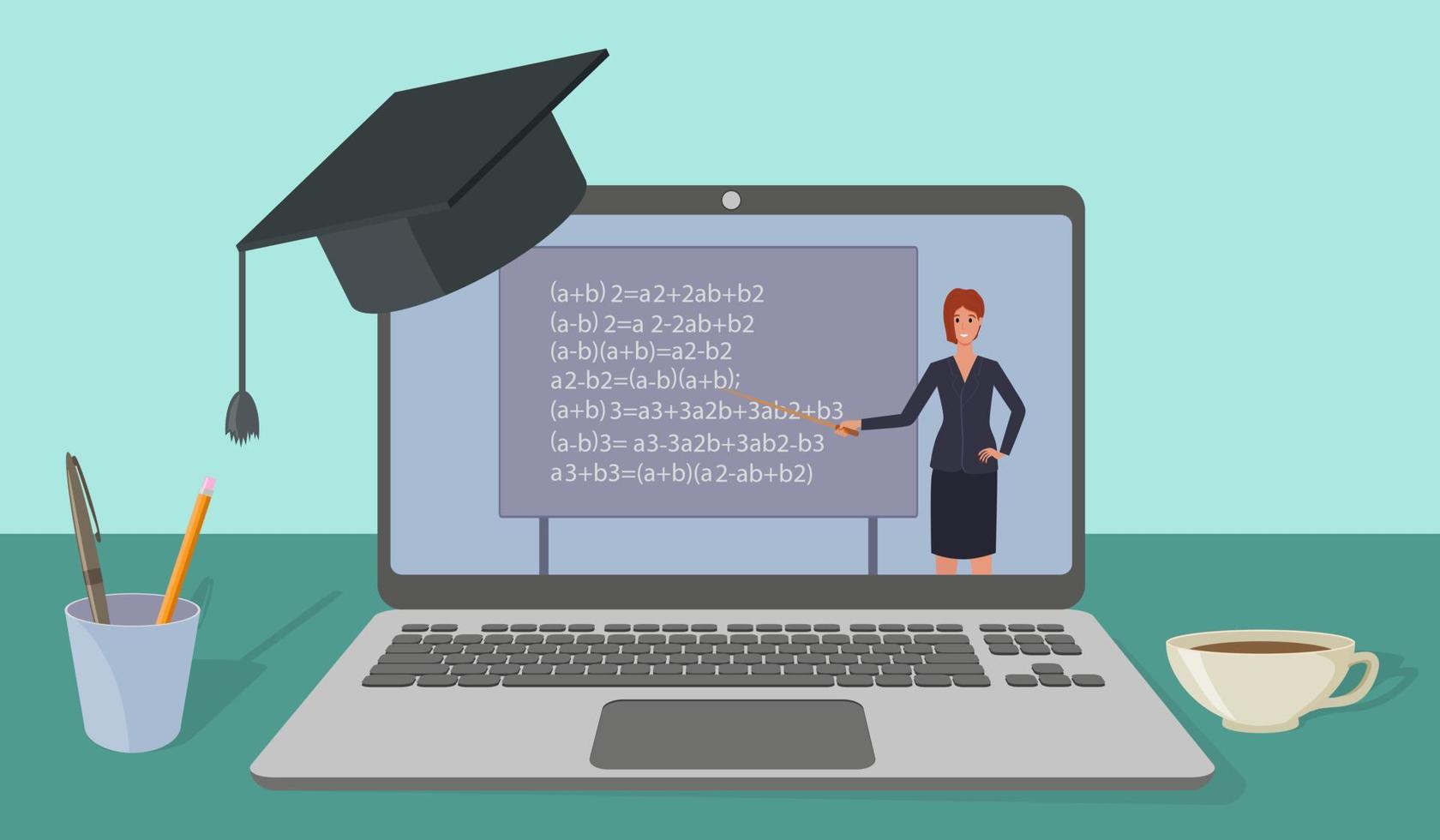 Online education, e-learning.Teacher leading the lesson on the laptop screen.Home education, distance learning, and passing exams.Online courses and advanced training.Flat vector illustration.