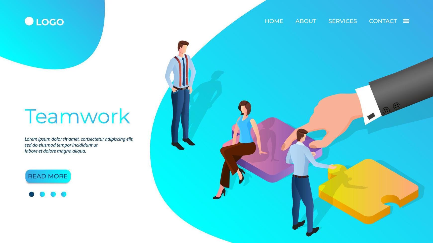 Teamwork.Business people collect puzzles.The concept of finding solutions in business.Getting out of difficult situations.Isometric vector illustration.The template of the landing page.