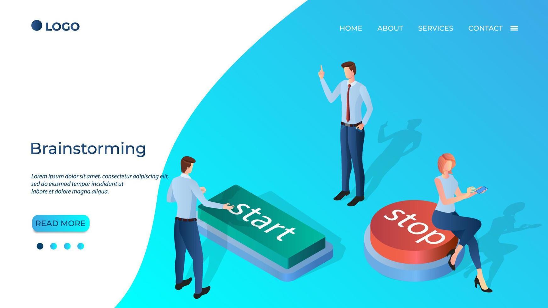 Businessmen click the start button.The concept of launching a new project, brainstorming and launching a new startup.Isometric vector illustration.The template of the landing page.