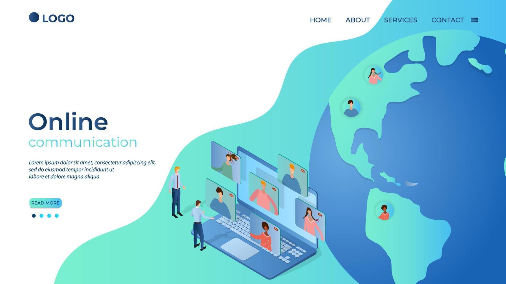 Online communication.People communicate against the background of the globe.Modern technologies, online communication, Remote work against the background of quarantine.Isometric vector illustration.