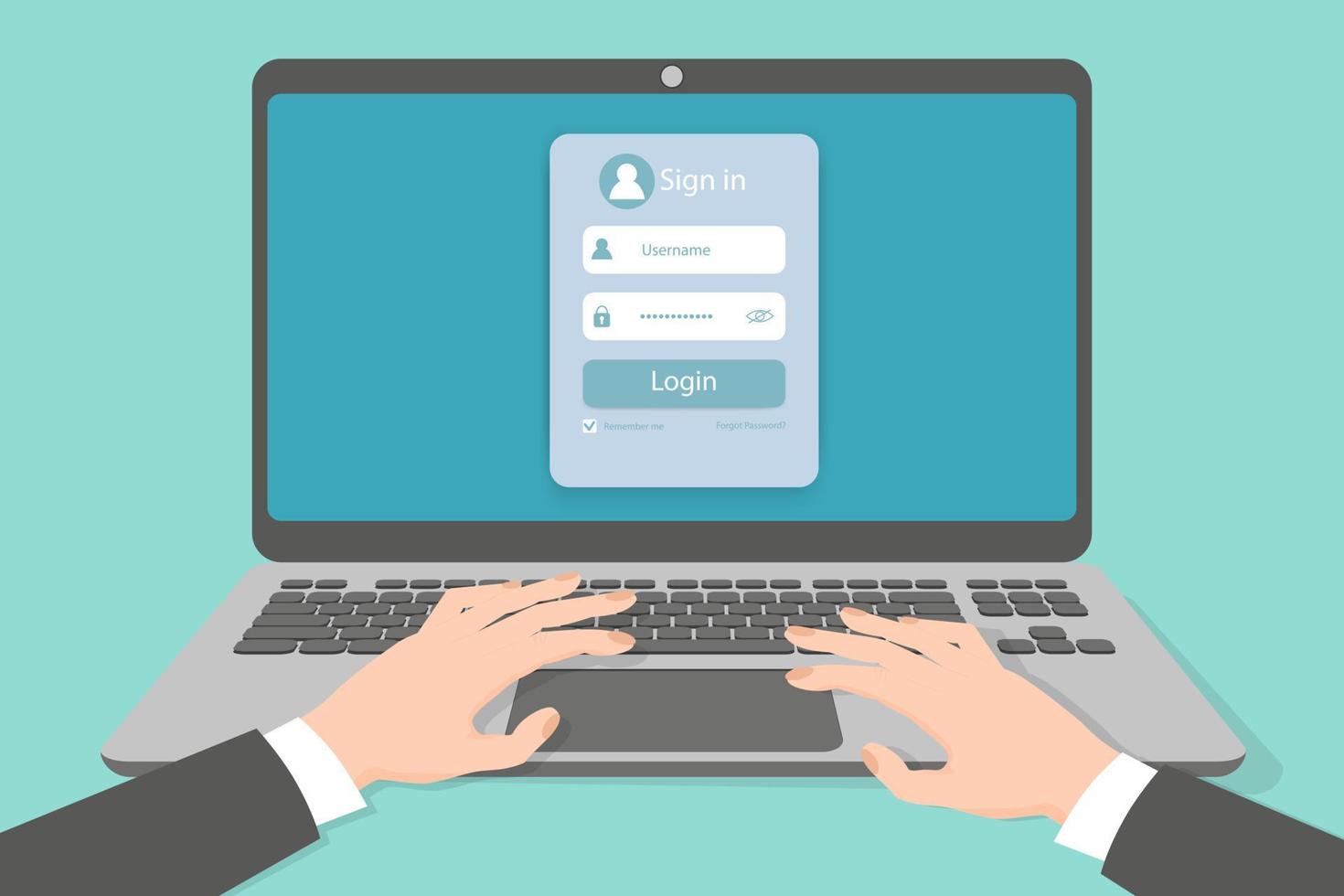 The user on the screen of the laptop is using the login form.Online login registration form.Enter your password and login when you log in to your account.Flat vector illustration.