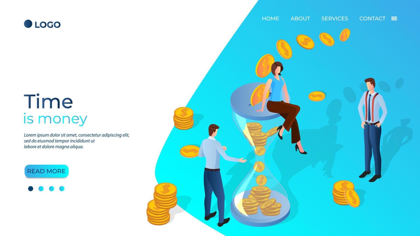 Time is money.People on the background of an hourglass with money and coins lying inside.The concept of time management and financial control.A successful financial investment.Isometric vector i