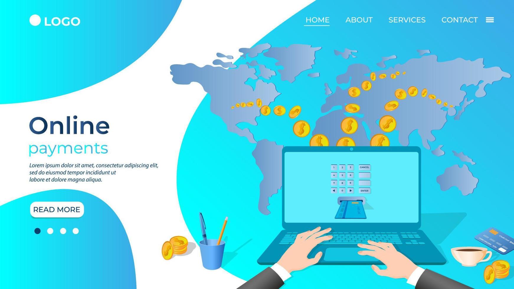 Global online payments.A businessman transfers money all over the world.The concept of fast and secure money transfers.Isometric vector illustration.The template of the landing page.