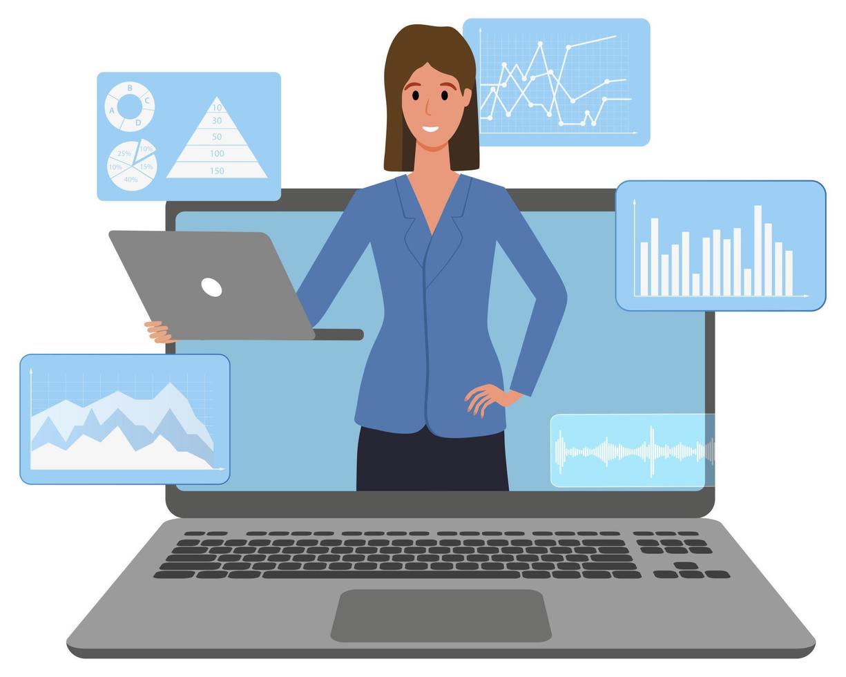 A young woman is working on her laptop.Office work, online freelance work, and business Analytics.Flat vector illustration.